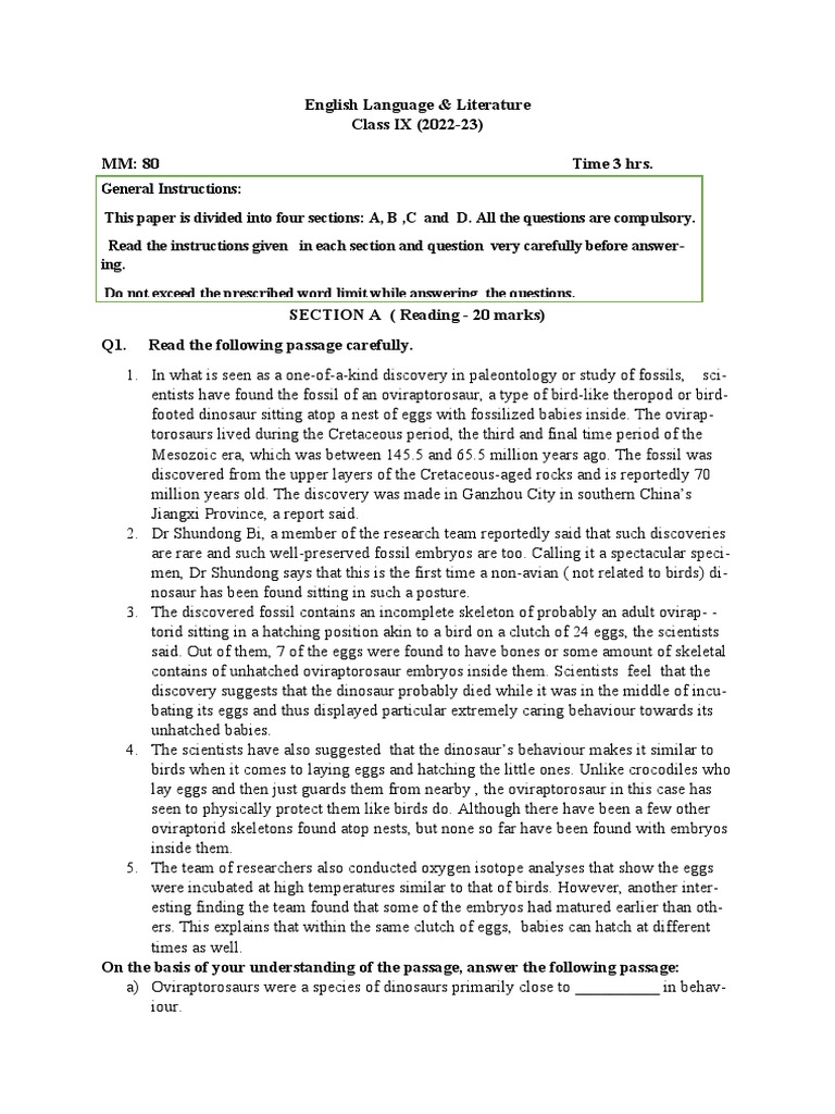 Term 2 English Sample Paper | PDF | Dinosaurs | Egg