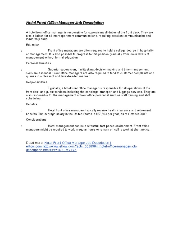 Hotel Front Office Manager Job Description PDF