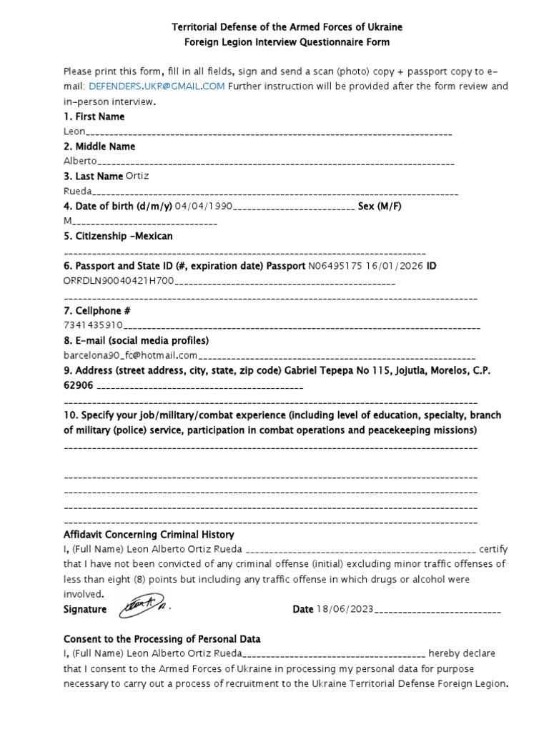 Foreign Legion Application Form | PDF | Passport | Government And ...