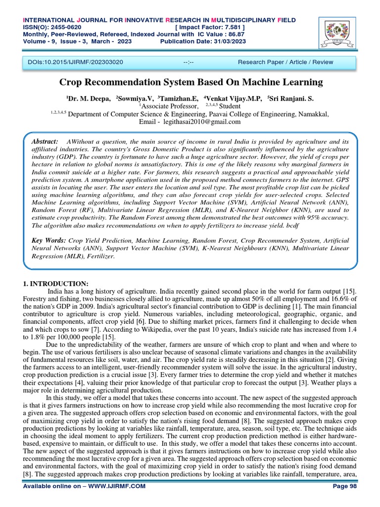 Crop Recomendation System Using Machine Learning | PDF | Machine