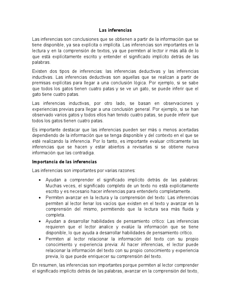 Ejemplos de Inferencias en Lectura | PDF | Inferencia | Razonamiento ...