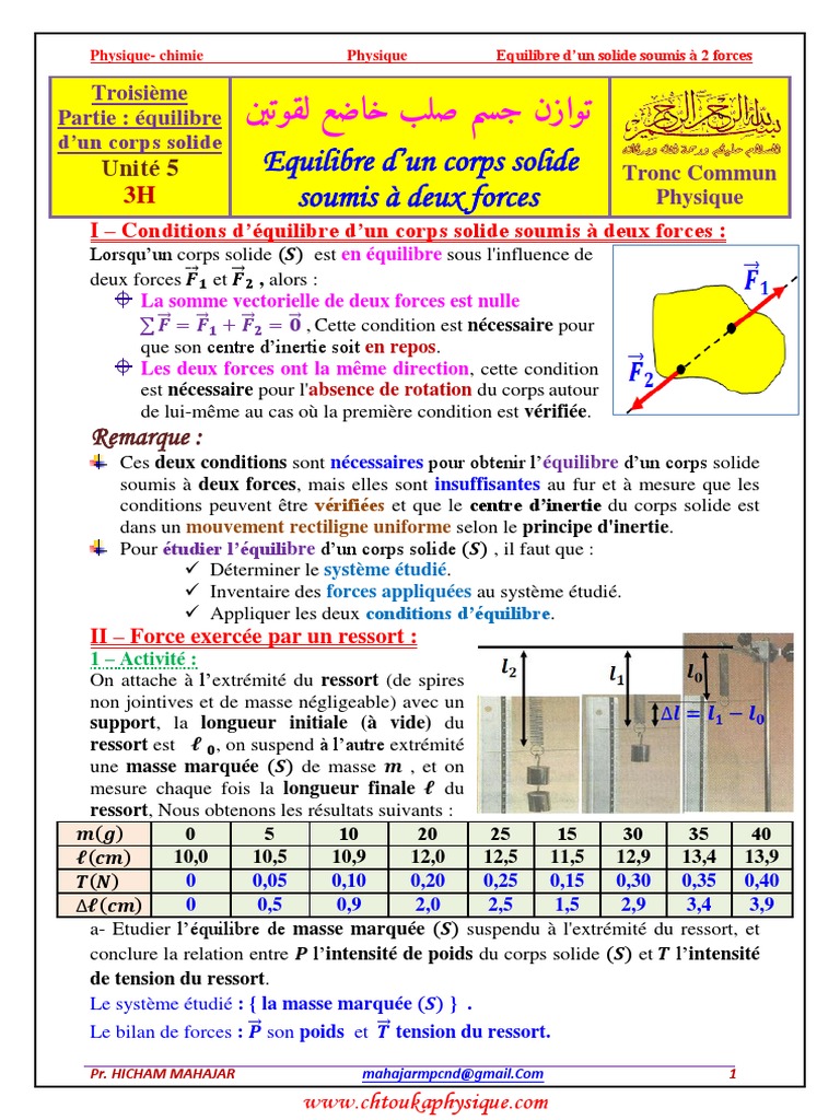 Equilibre D'un Corps Solide Soumis À Deux Forces, Cours, TCS BIOF | PDF