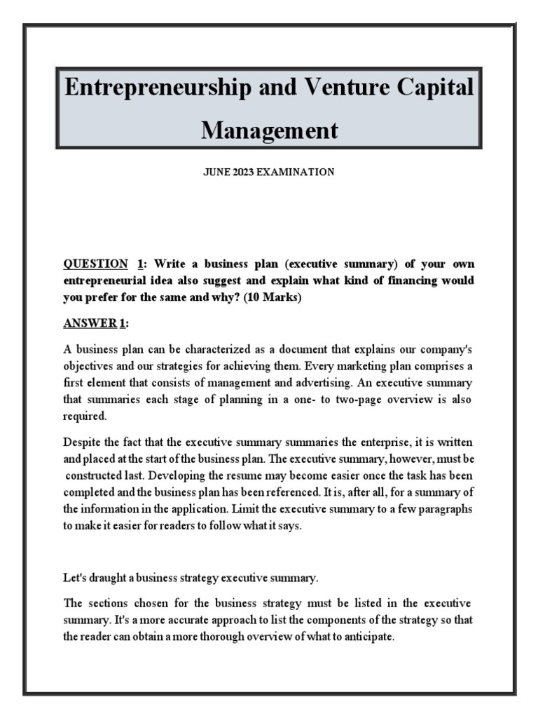 Entrepreneurship and Venture Capital Management | PDF | Business Plan ...