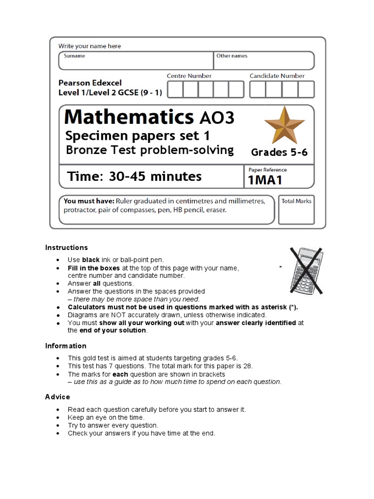 1MA1 - Specimen Papers Set 1 - 5-6 Practice Paper Bronze | PDF ...