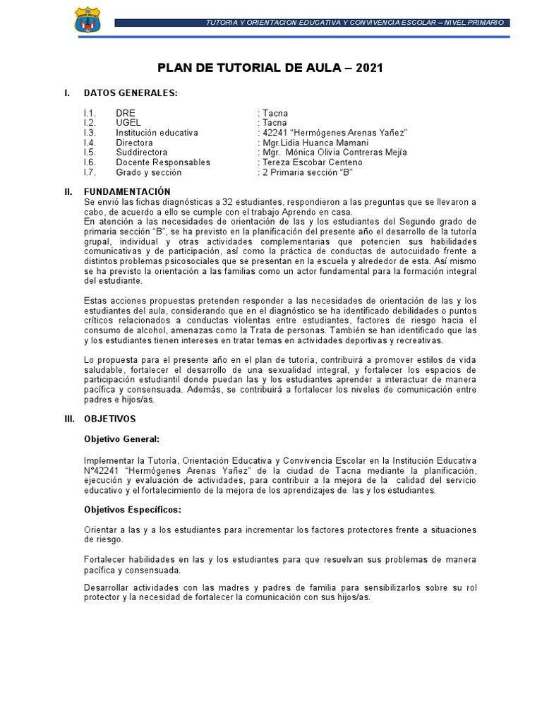 Plan de Tutorial de Aula 2B Primaria | PDF | Aprendizaje | Las emociones