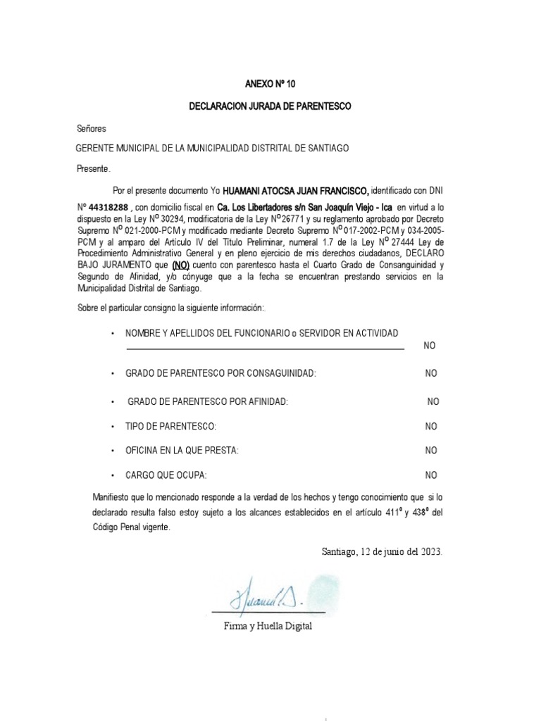 Declaración Jurada de Parentesco | PDF | Parentesco