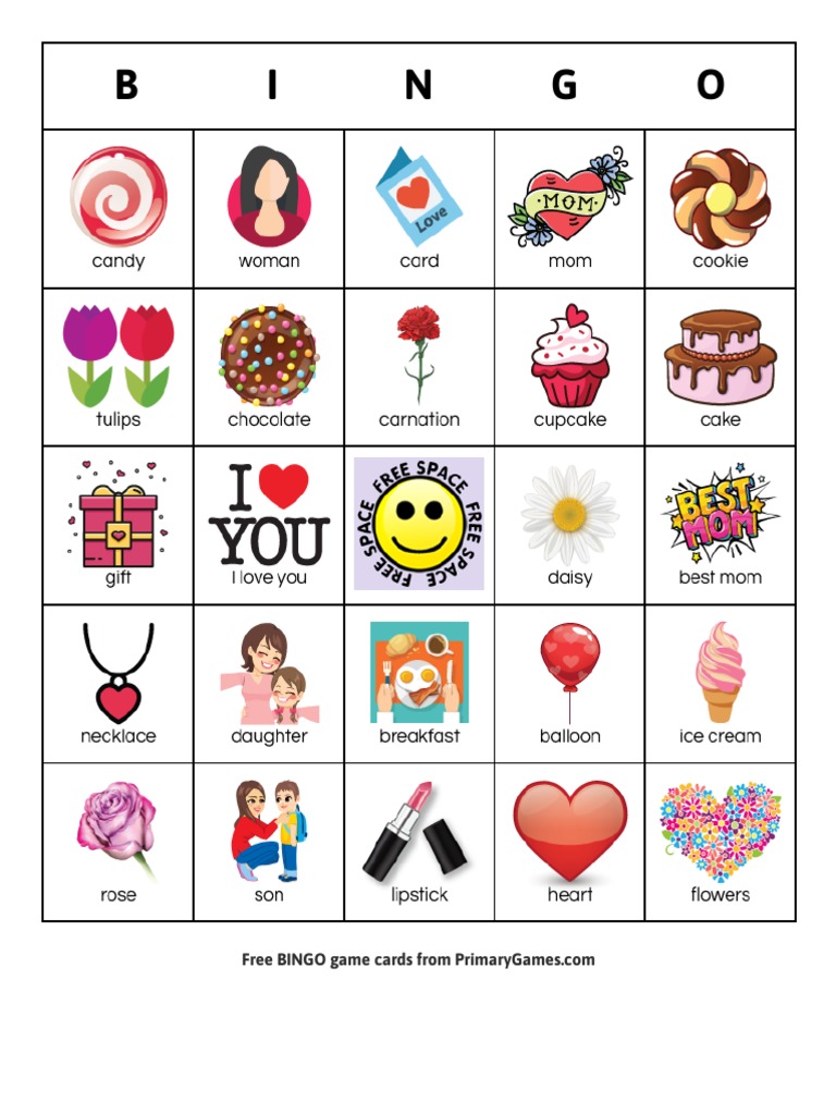 Mother's Day BINGO Game Card - FREE Printable Game From PrimaryGames | PDF