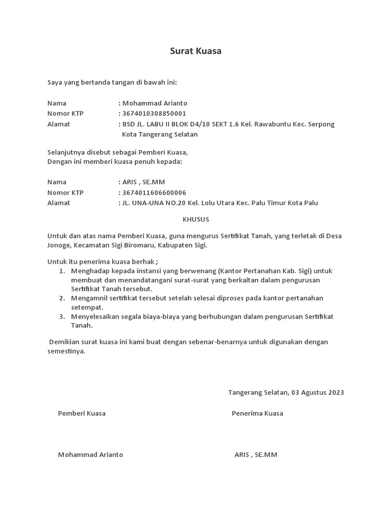 Surat Kuasa Pengambilan Sertifikat Tanah | PDF