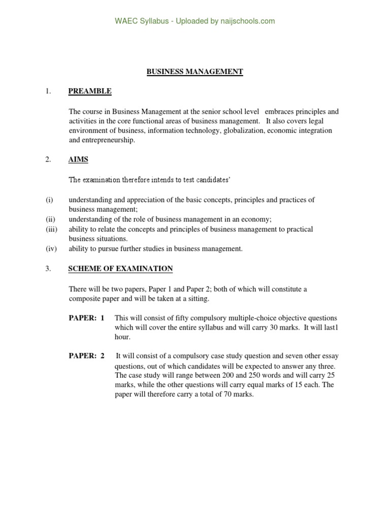 WAEC Syllabus For Business Management | PDF | Negotiable Instrument | Money