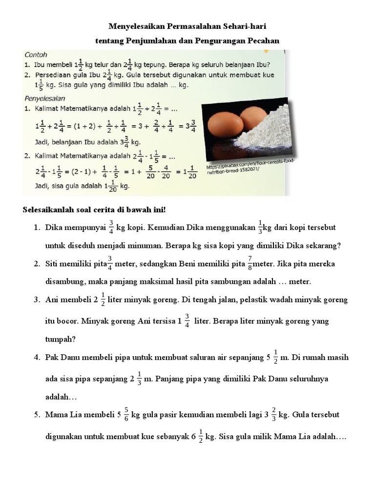 Soal Cerita Penjumlahan Dan Pengurangan Pecahan Pdf