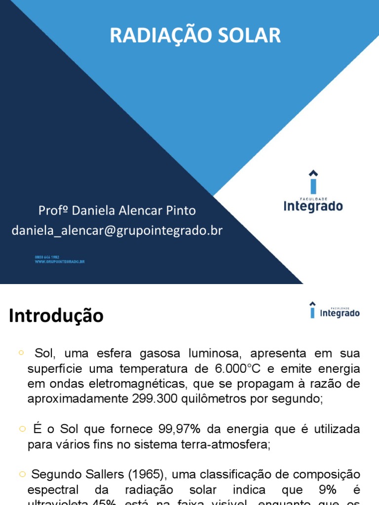 Aula 11 e 12 - Radiação Solar | PDF | Radiação eletromagnética | Luz