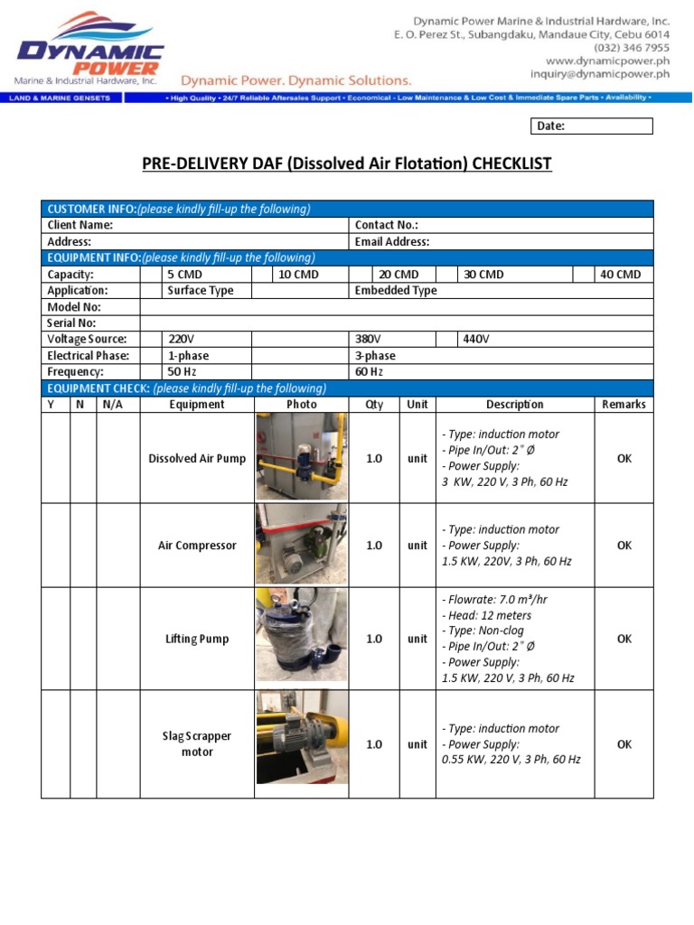 Pre-Delivery DAF Checklist Form | PDF | Mains Electricity | Power Supply