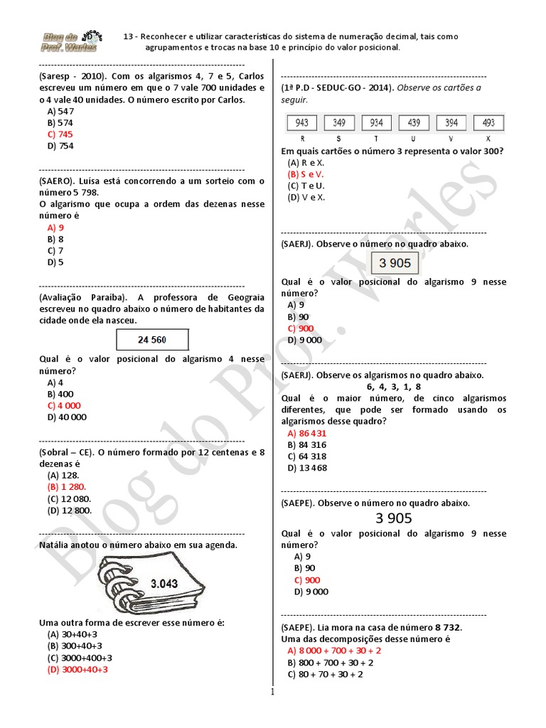D13 (5º ANO - Mat.) - Blog Do Prof. Warles | PDF | Decimal | Notação ...