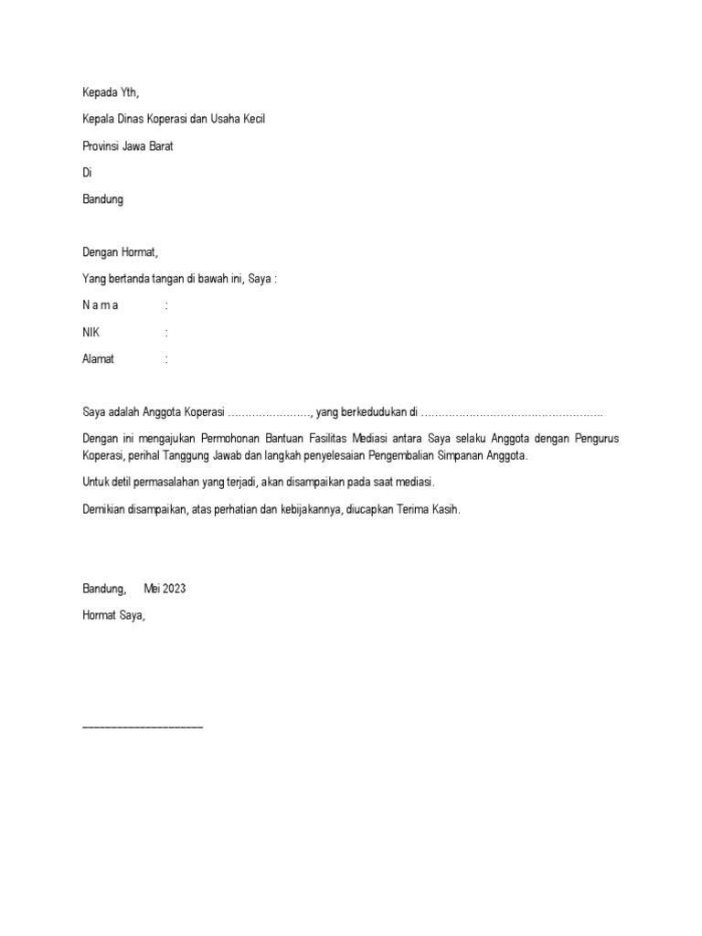 Contoh Surat Permohonan Mediasi Dinas KUK | PDF