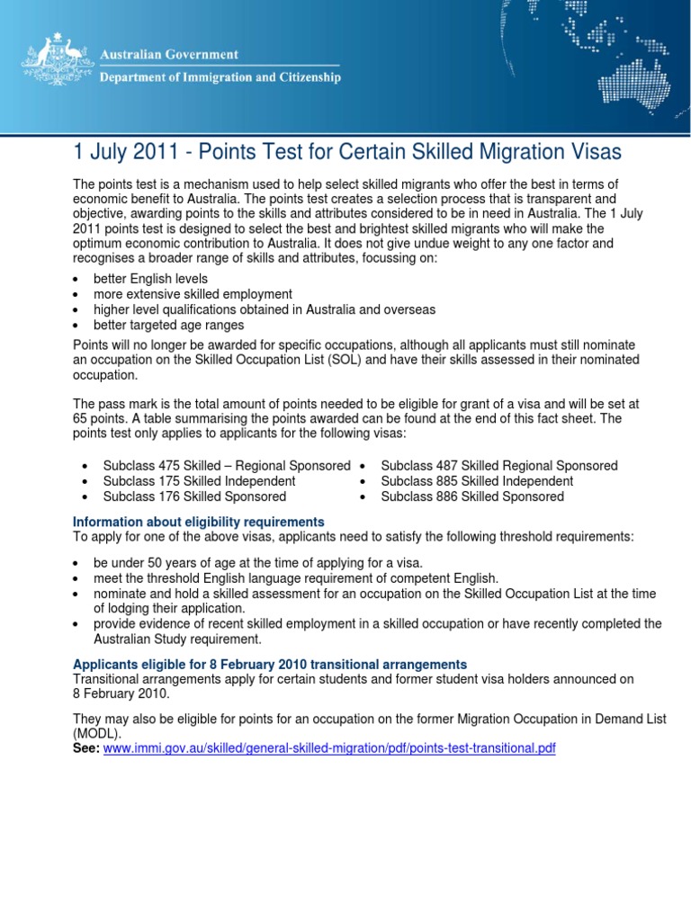 1 July 2011 Points Test For Certain Skilled Migration Visas PDF