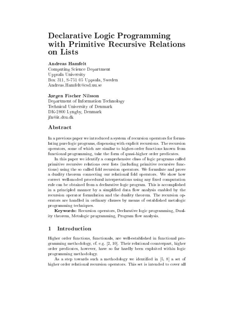 Declarative logic programming with primitive recursive relations on