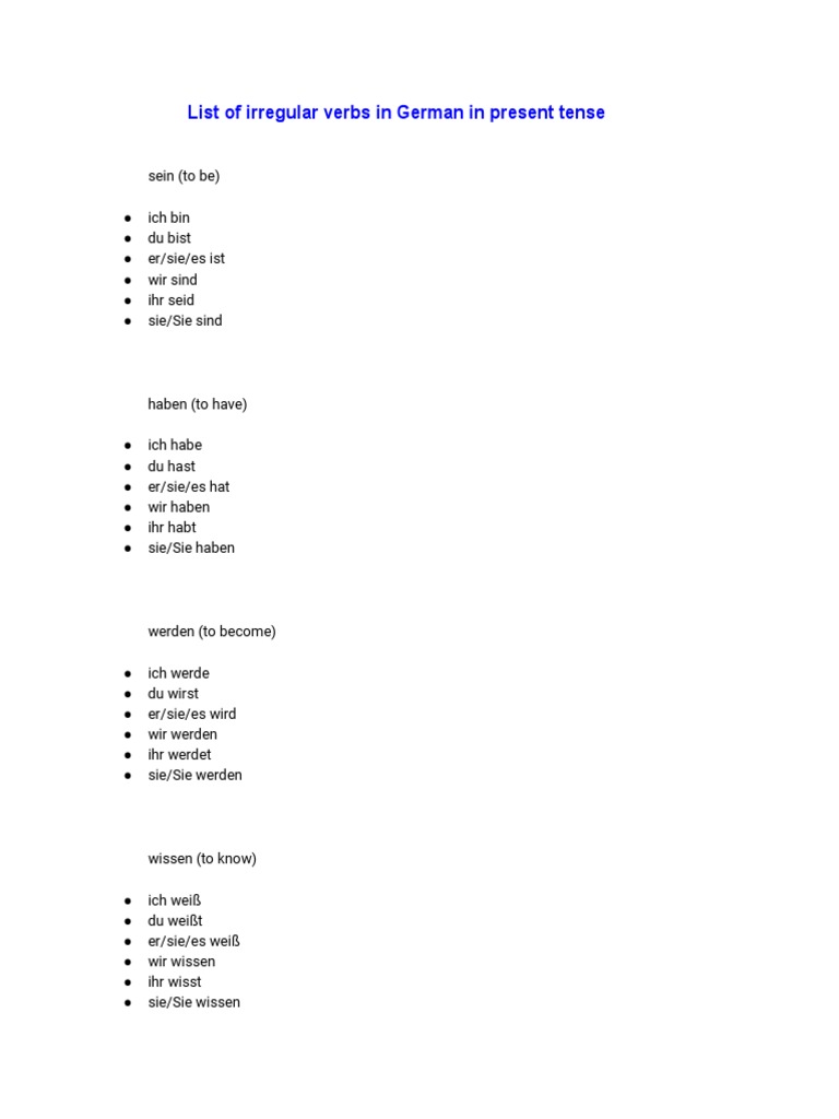 List of Irregular Verbs in German in Present Tense | PDF
