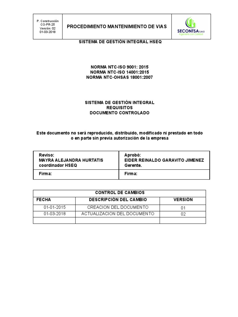Co pr 25 procedimiento de mantenimiento de via pdf hormig n