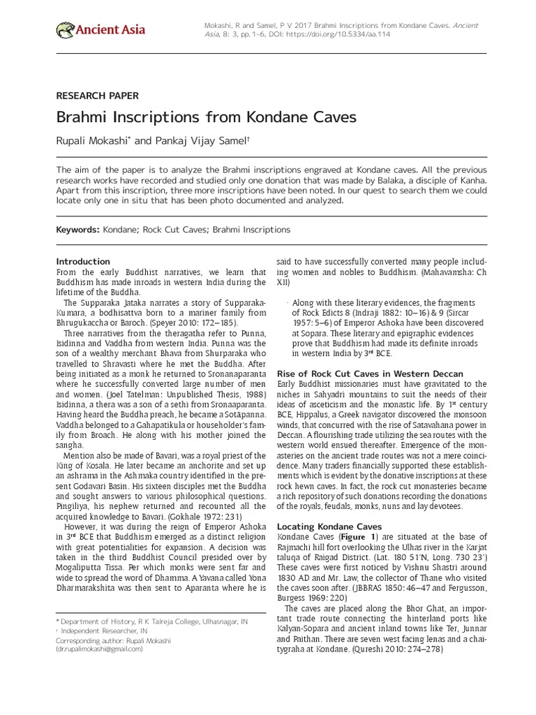 Brahmi Inscriptions at Kondane Caves | PDF | History