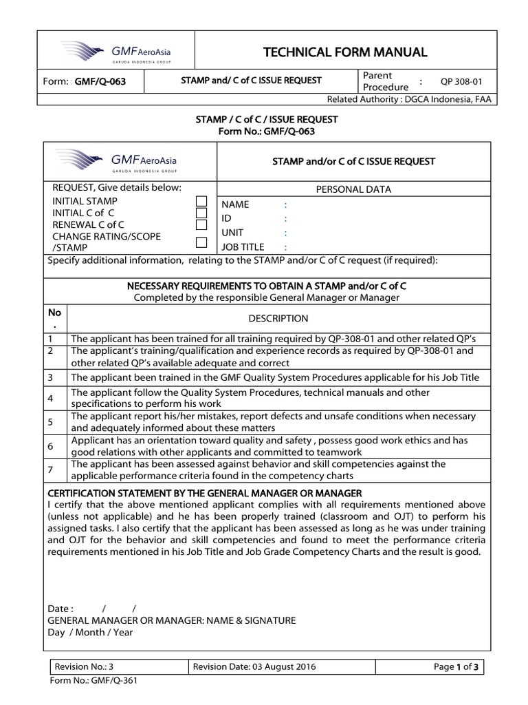 C of C and Stamp Issue Request Form | PDF