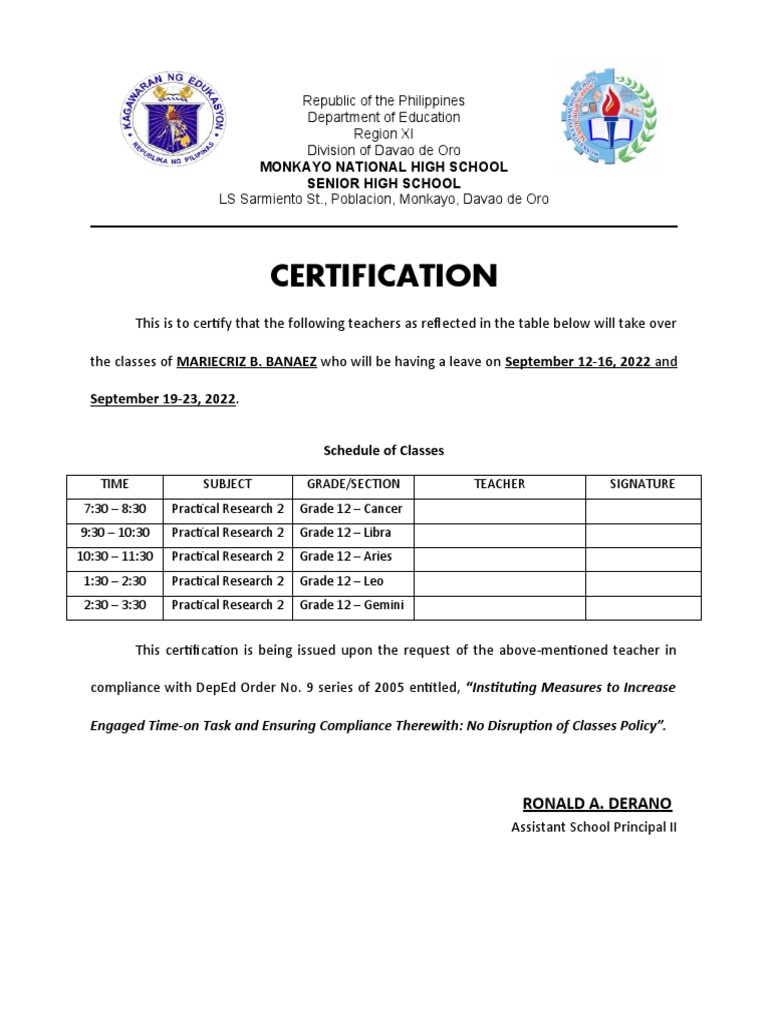 Certification of Replacement Teacher PDF