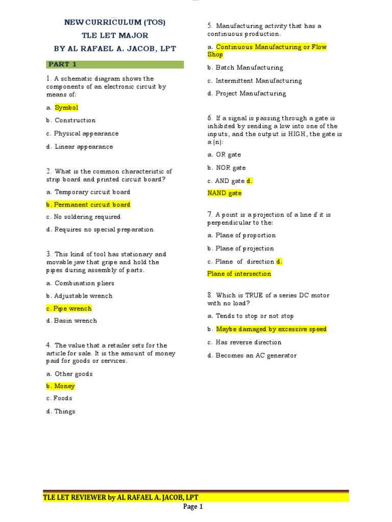 TLE LET Reviewer Questions and Answers | PDF | Diode | Rectifier