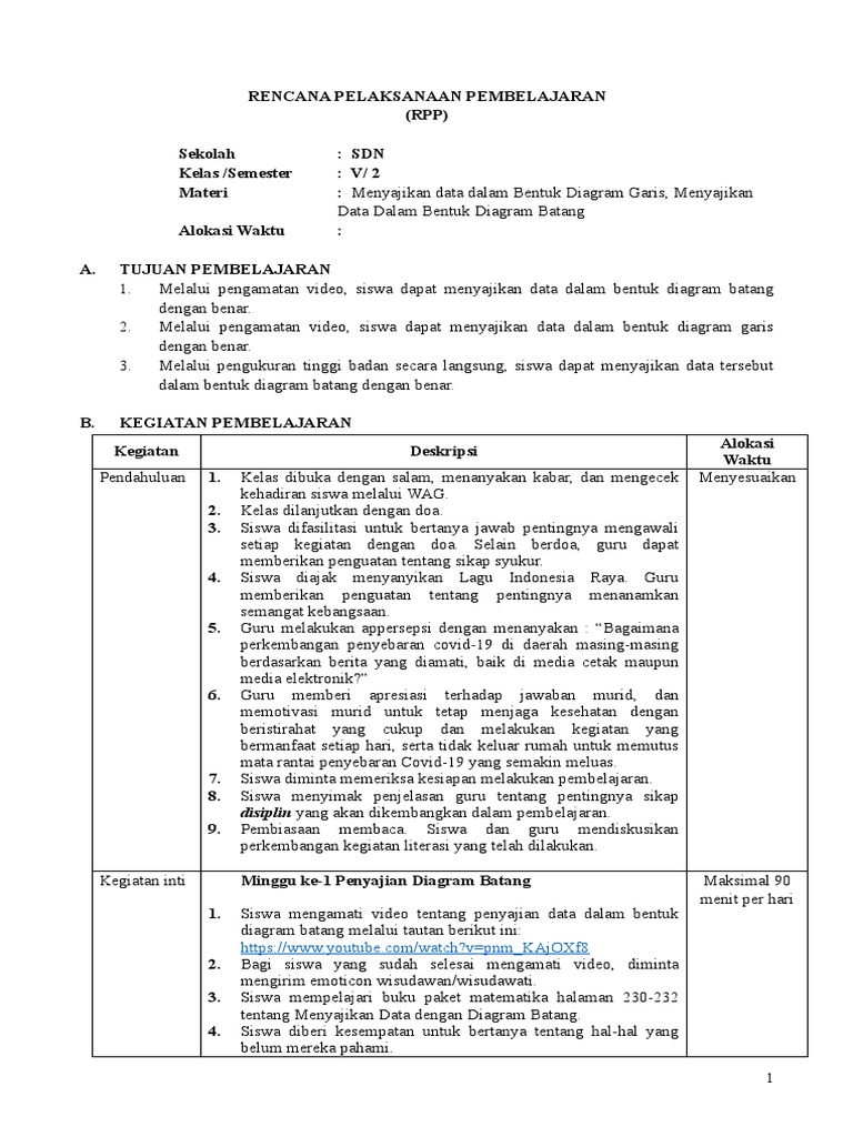 RPP Pembelajaran Diagram Batang dan Garis | PDF | Karier & Perkembangan ...