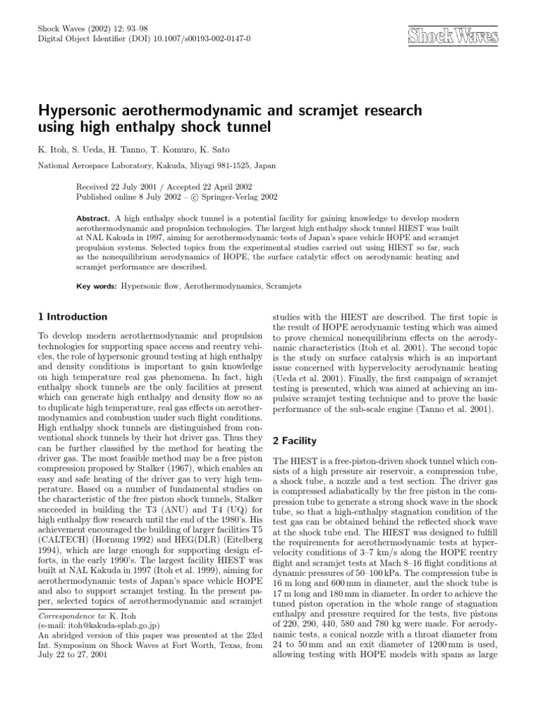 Hypersonic aerothermodynamic and scramjet research using high enthalpy ...