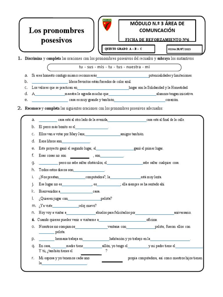 Ejercicios de pronombres posesivos | PDF