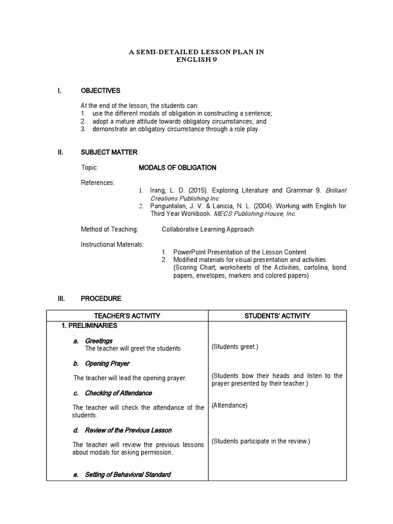 Lesson Plan In English Final Pdf Lesson Plan Teachers