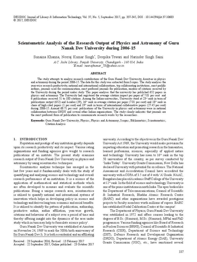 Scientometric Study of GNDU's Physics & Astronomy Research | PDF