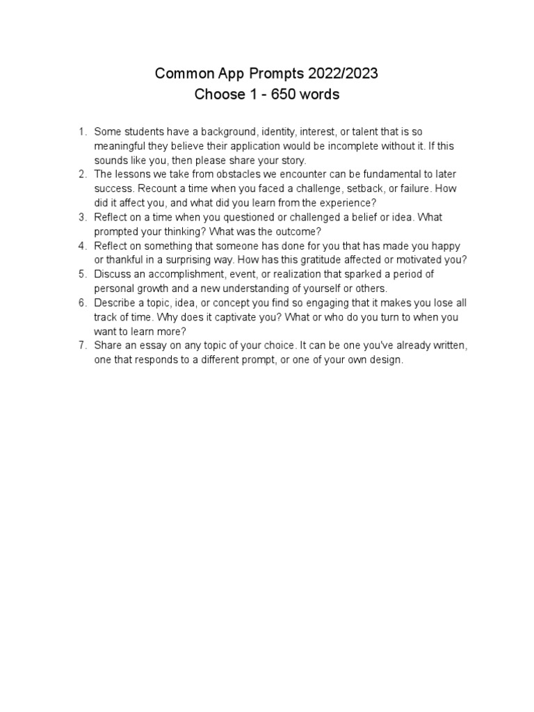 Common App Prompts 2022 2023 PDF