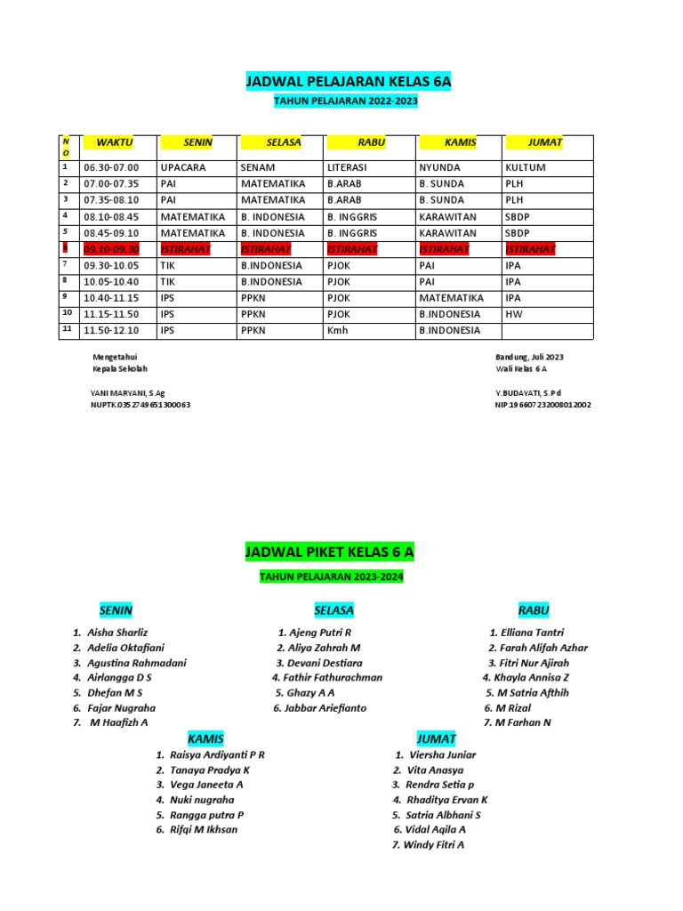 Jadwal Pelajaran 6 A TP 2023-2024 | PDF