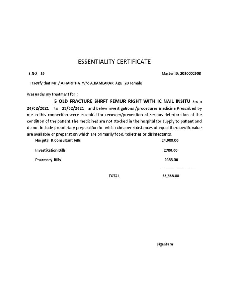 Essentiality certificate pdf