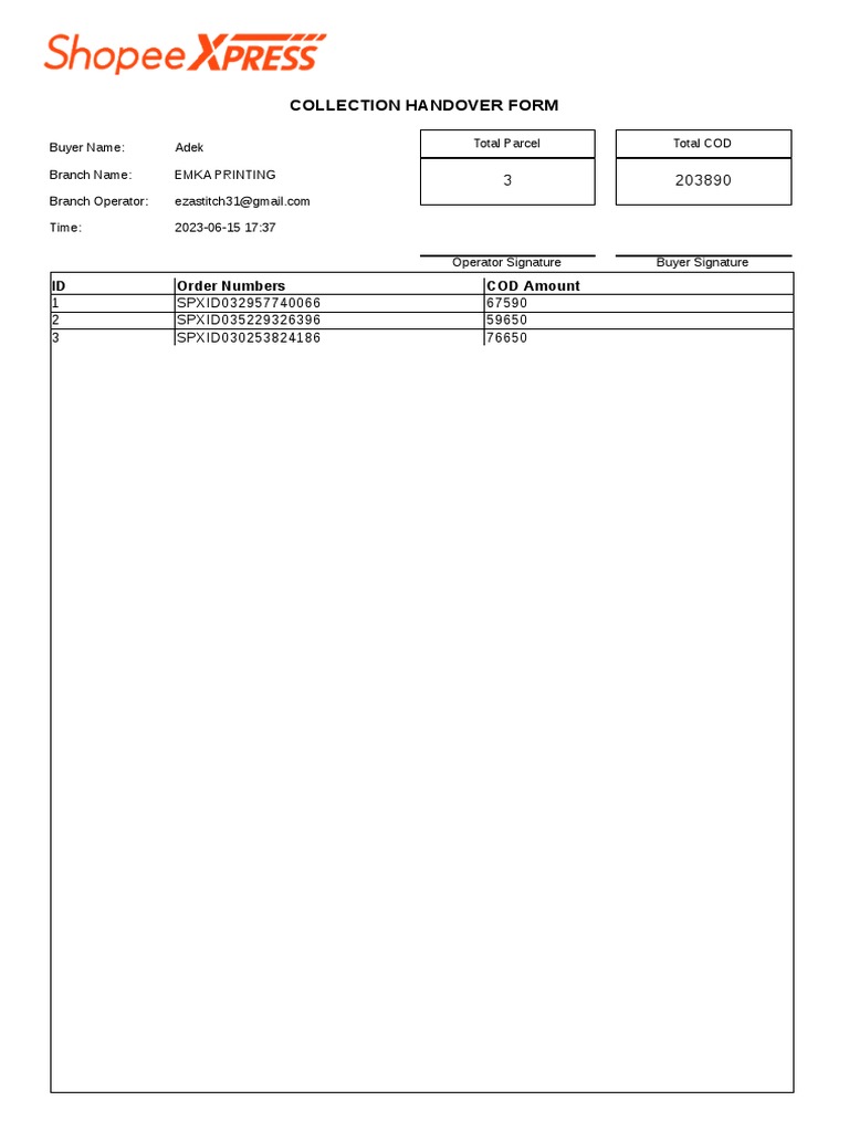 Collection Handover Form: ID Order Numbers COD Amount | PDF