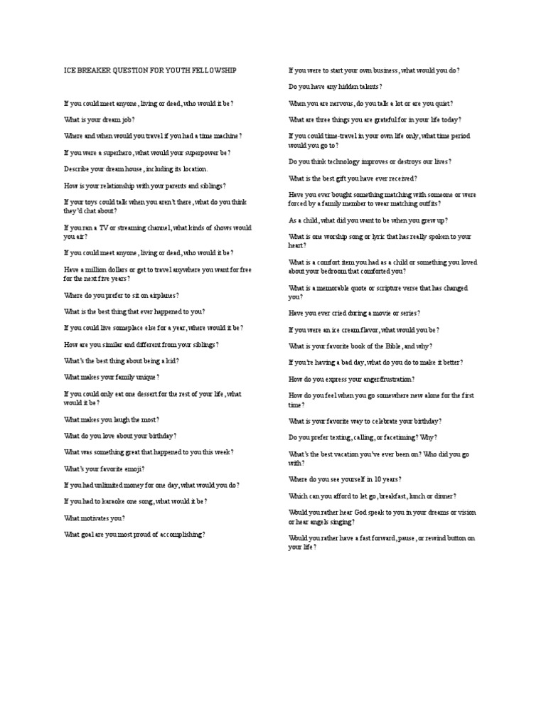 Ice Breaker Question For Youth Fellowship PDF