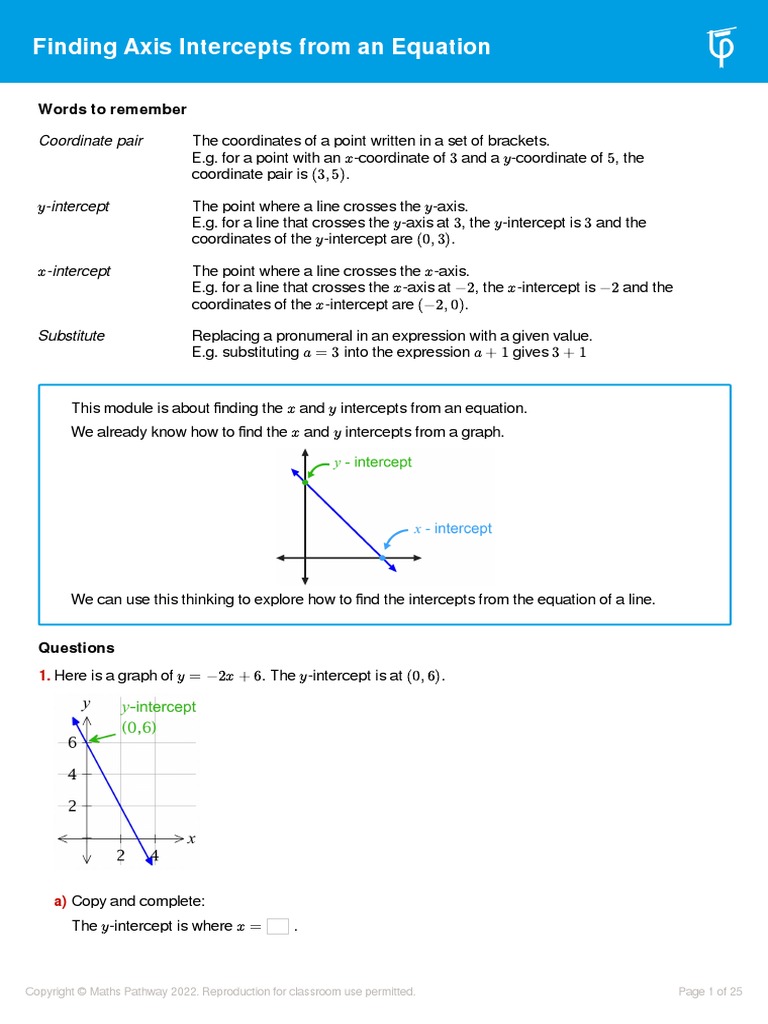 Finding Axis Intercepts PDF Cartesian Coordinate System Equations