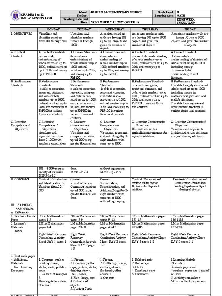 DLL - Math-2 - Eight Week - W1 | PDF | Foreign Language Studies ...