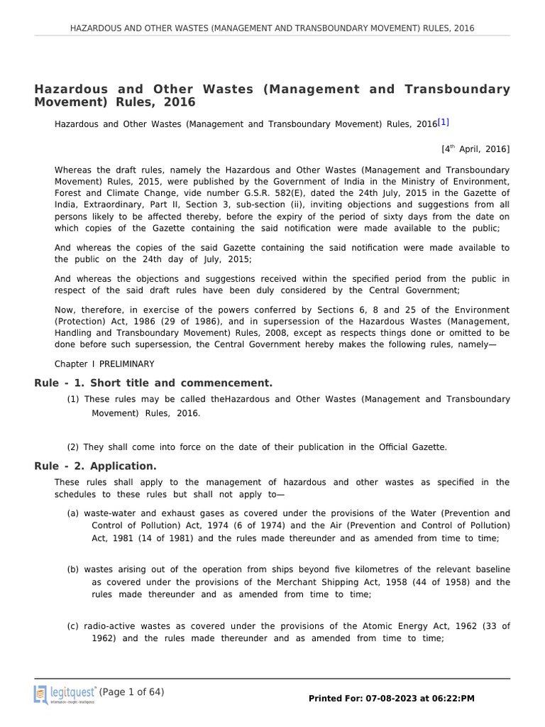Hazardous and Other Wastes (Management and Transboundary Movement