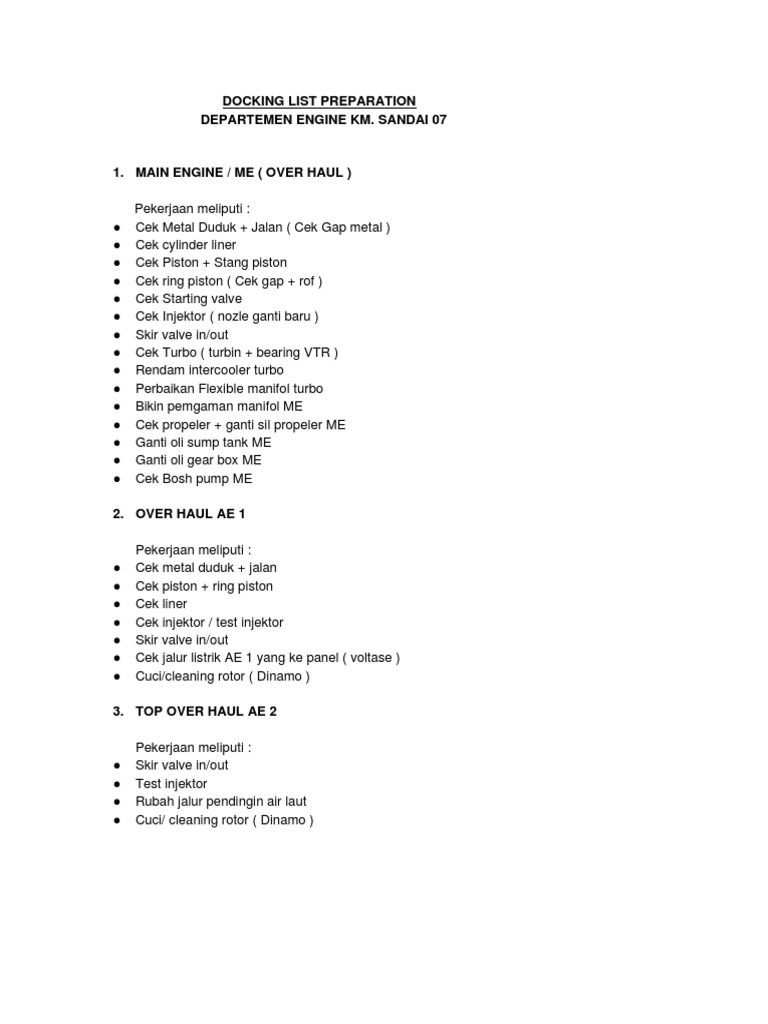 Persiapan Docking List Kapal KM. Sandai 07 | PDF