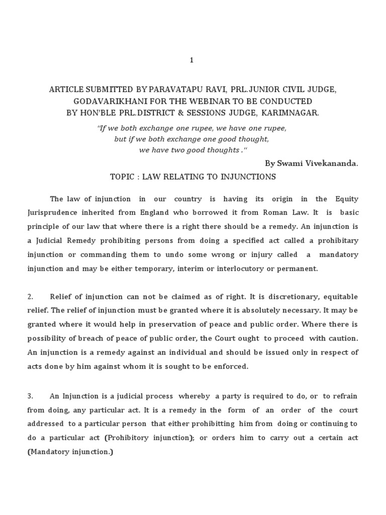 1ARTICLE ON LAW RELATING TO INJUNCTIONS by PARVATAPU RAVI PRL JCJ