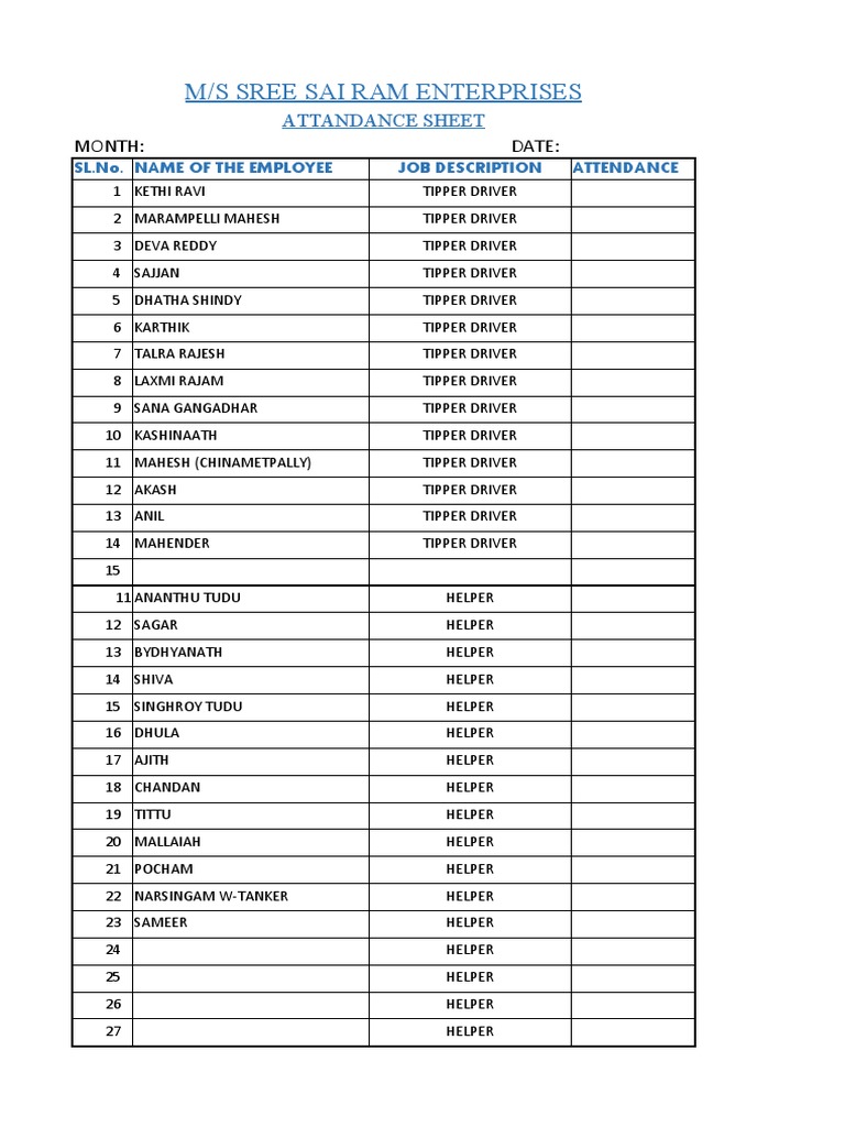 Staff Attandance Sheet | PDF | Construction Equipment