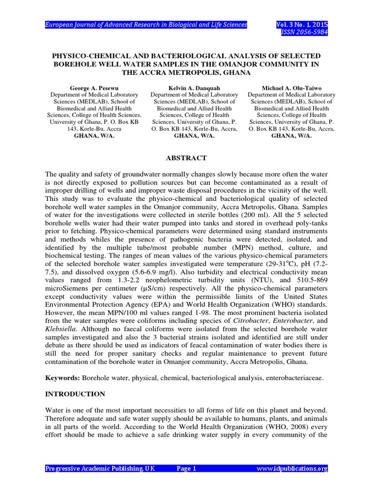 003 Physico Chemical and Bacteriological Analysis of Selected Borehole Well Water S PDF