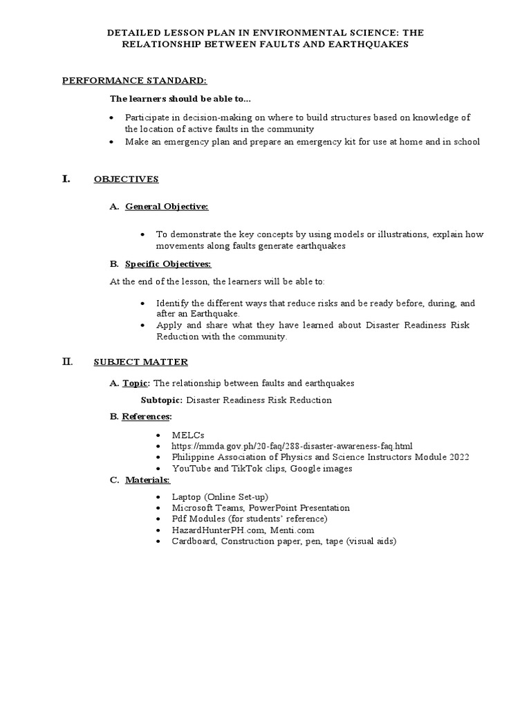 Faults and Earthquakes: Lesson Plan | PDF | Learning | Earthquakes