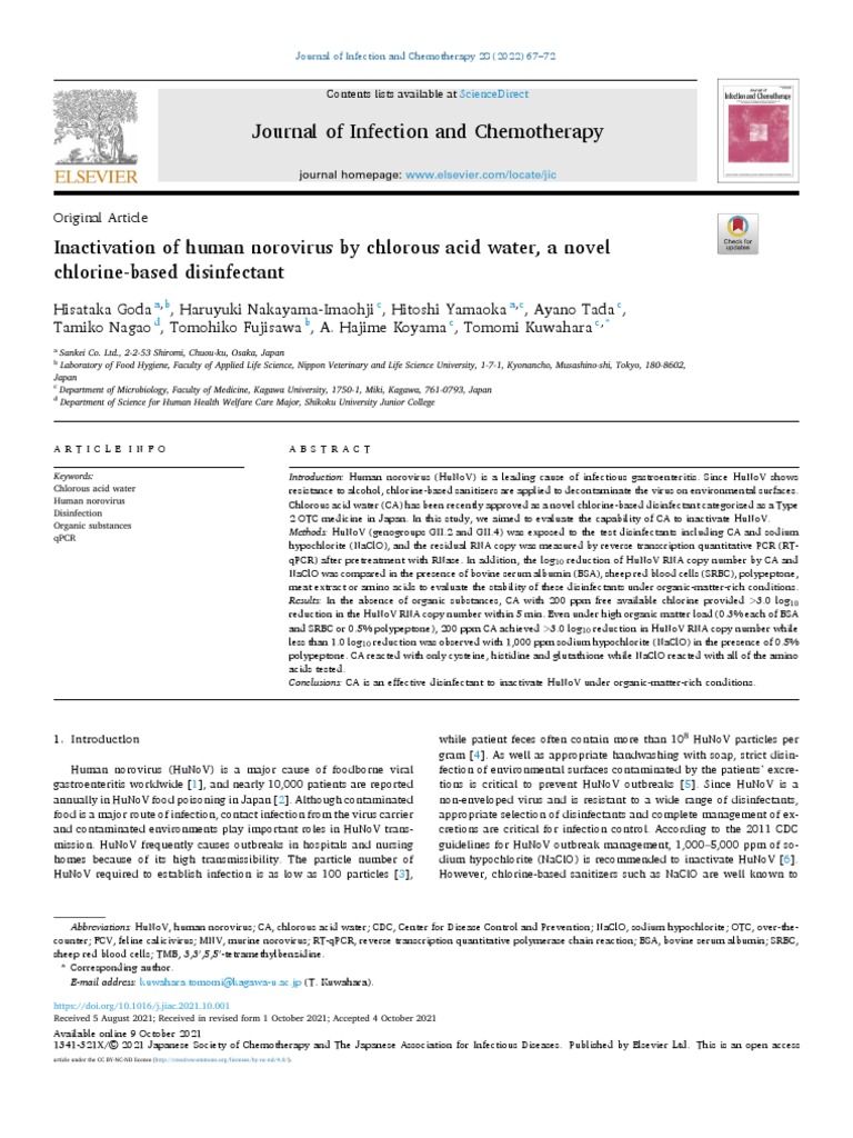 Inactivation of Human Norovirus by Chlorous Acid Water, A Novel