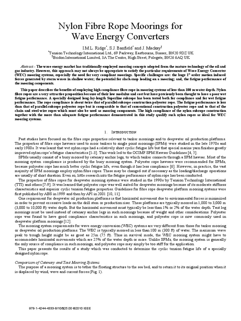 Nylon Fibre Rope Moorings For WEC | PDF