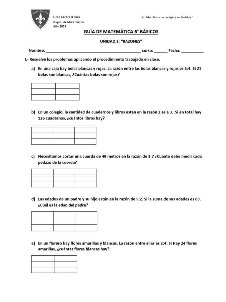 6° Guía de Matemática Unidad 3 Razones | PDF