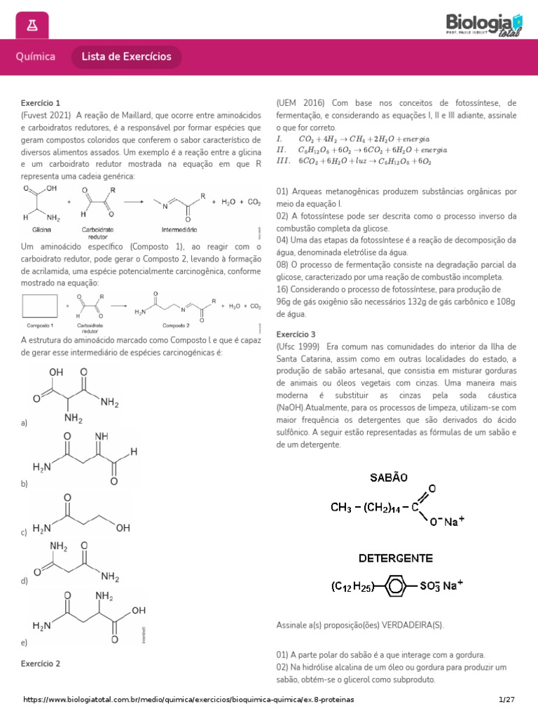 Lista de Exercícios - Bioquímica-23 (DIFÍCIES) | PDF