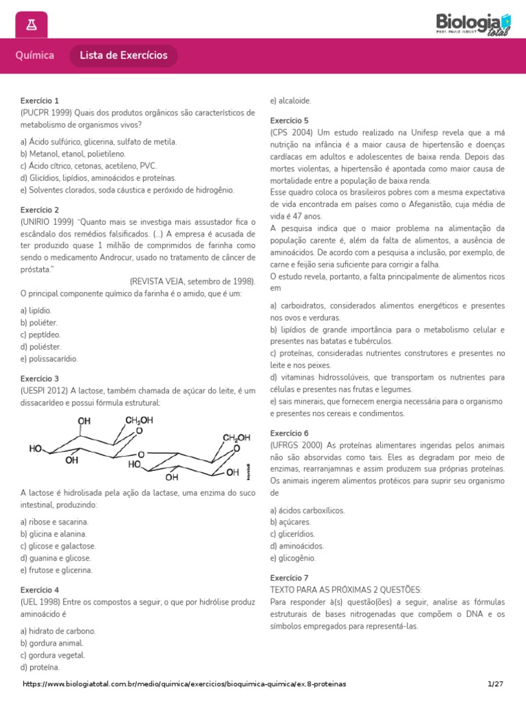 Lista de Exercícios - Bioquímica-23 (FÁCEIS) | PDF