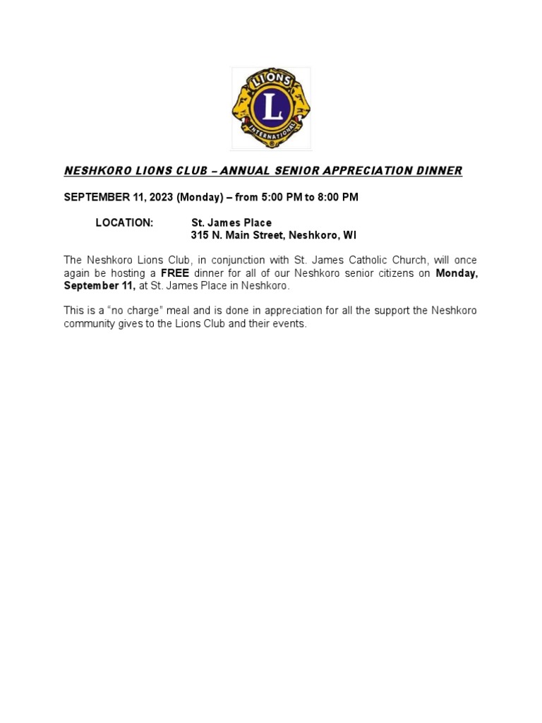 Neshkoro Lions Club Senior Dinner 91123 PDF
